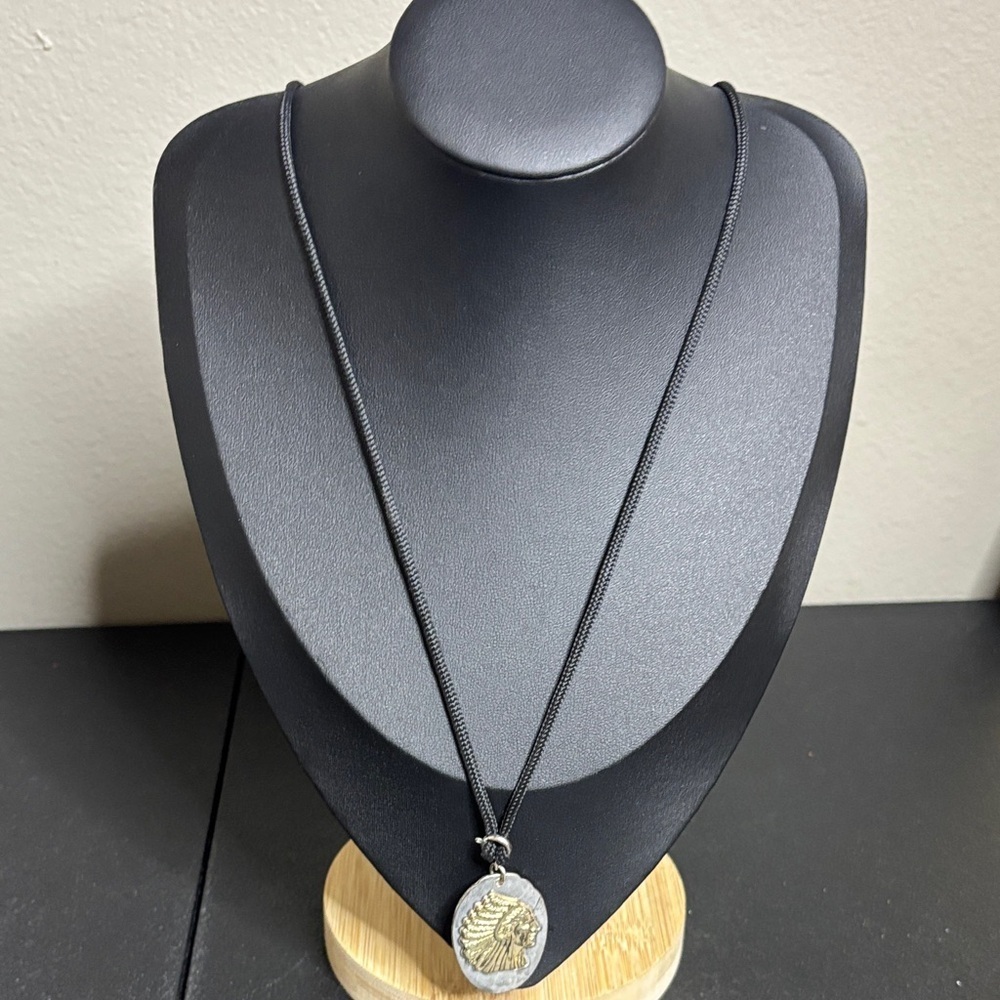 Native American Chief Two Tone Circle Clip Charm Necklace